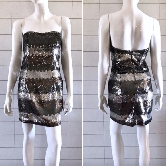 ABS Allen Schwartz Silver Sequin Strapless Dress - Picture 2 of 8